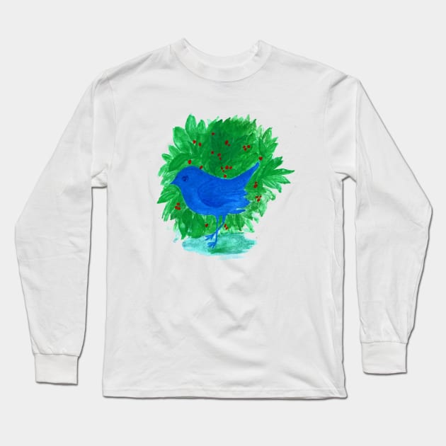 blue bird and shrub watercolor painting Long Sleeve T-Shirt by oknoki